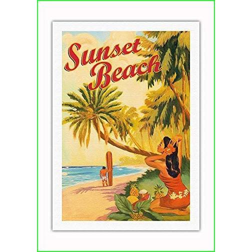 Sunset Beach Hawaii Oahu North Shore Surfer Vintage Hawaiian Travel Poster by Rick Sharp Fine Art Rolled Canvas Print 27in x 40in