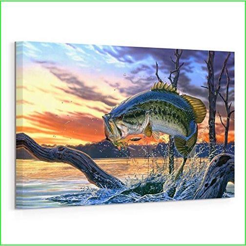 Prixas Print Large Mouth Bass Fish Canvas Wall Decor， Painting for Living Room Bedroom Gallery Wrapped， Blue 40x60 Inch