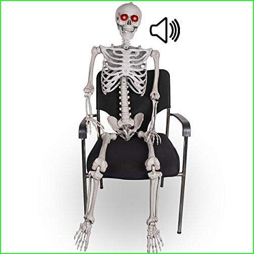 5.5FT Halloween Posable Skeleton Realistic Life Size Pose-n-stay Human Skeleton with LED Glowing Eyes Motion Sensor Animated Hanging Hal