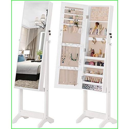 LUXFURNI Jewelry Cabinet Standing Mirror Full Length Makeup Lockable Armoire, Large Cosmetic Storage Organizer w  Brush Holder white