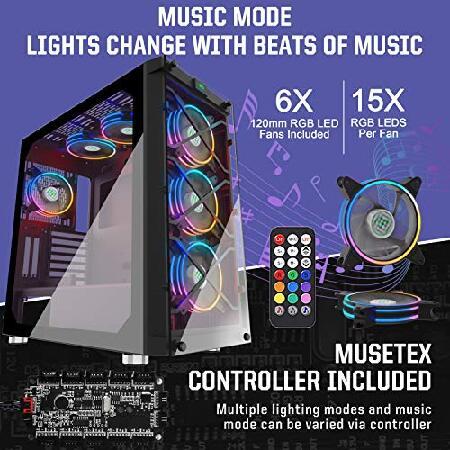 MUSETEX 6 PCS × 120mm LED ARGB Fans Pre-Installed ＆ 2 PCS × USB 3.0 Ports，Gaming PC Case High Airflow ATX Mid Tower Case with Voice Control System