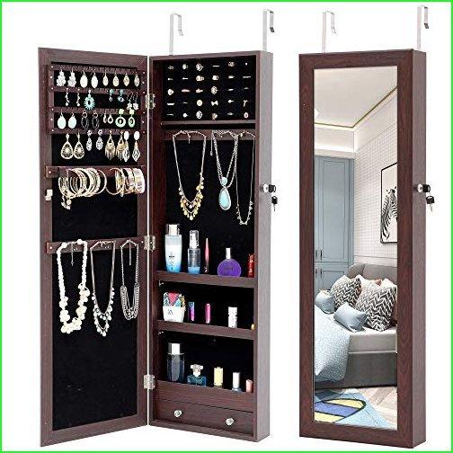 Jewelry Organizer for Women, Jewelry Armoire with Full Length Mirror, Wall Door Mounted Jewelry Organizer with Drawers, Hanging Jewelry Or