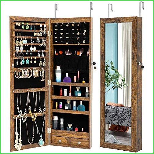 Baysitone Wall Door Mounted Jewelry Organizer, Lockable Jewelry Armoire Jewelry Cabinet with Full Length Mirror, Hanging Jewelry Organizer w