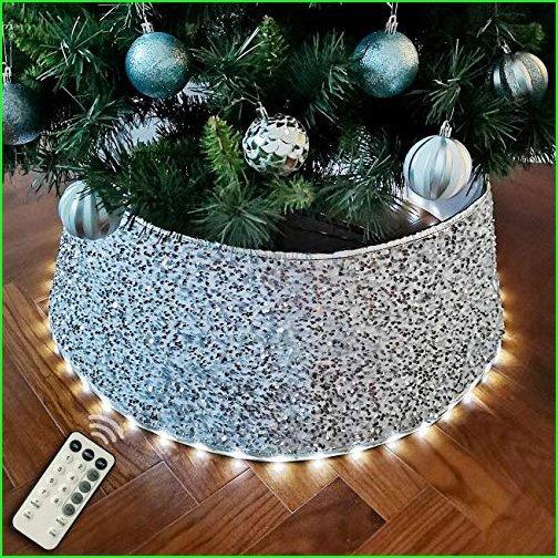 Halo Christmas tree skirt  Tree Collar   Base Cover   Tree Bottom Cover Dismountable with Programmable LED Lights White Velvet  Silver Se