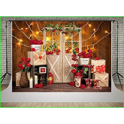 ケイト10x10ftバレンタインデー写真背景赤いバラの木製ドアの装飾フォトブースのゴールデン照明吊り下げ木製壁bac