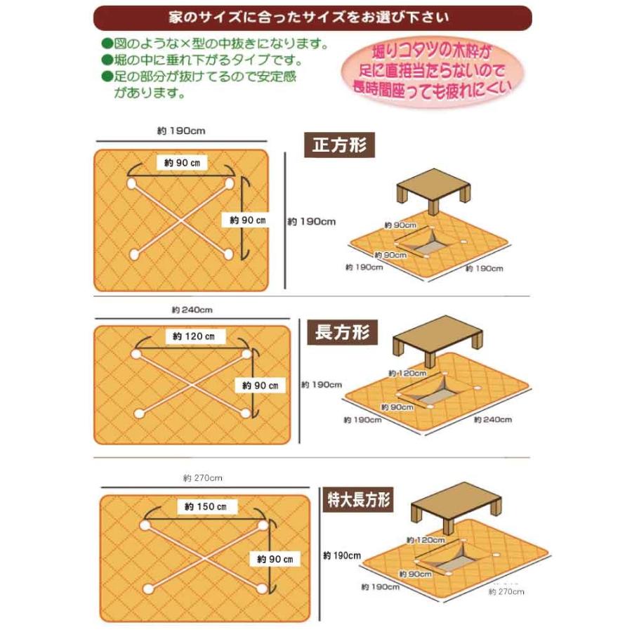 掘りごたつ外寸法879×879深さ400　こたつ フランネル 掘りごたつ 敷き布団 特大長方形 190×270cm 切込タイプ 穴