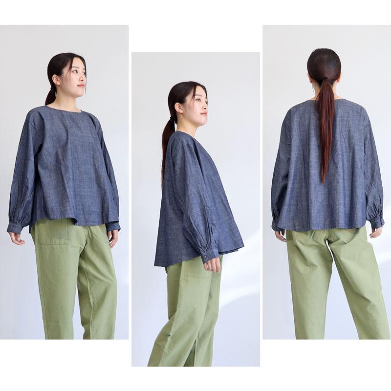 Drawer(ドゥロワー)コットンリネンプルオーバー デニム風 5分袖 腰紐付 tumugu｜5ozコットンリネンスラブデニム ベスト付プルオーバー