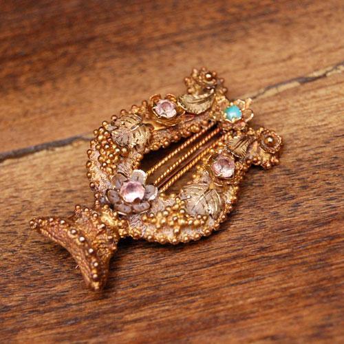 アンティーク ターコイズ クォーツ ゴールド 竪琴 ブローチ