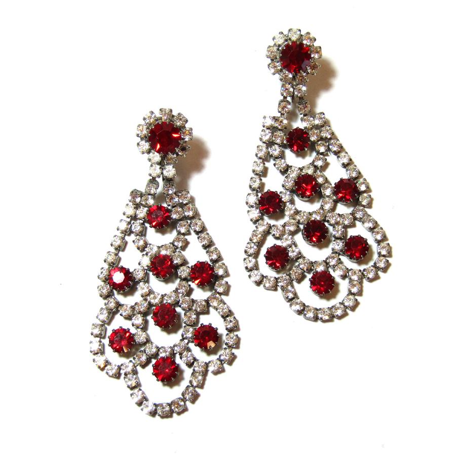 ★1950s Vintage red & clear rhinestone chandelier earrings_1