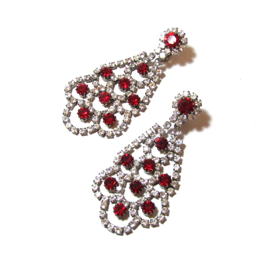 ★1950s Vintage red & clear rhinestone chandelier earrings_2