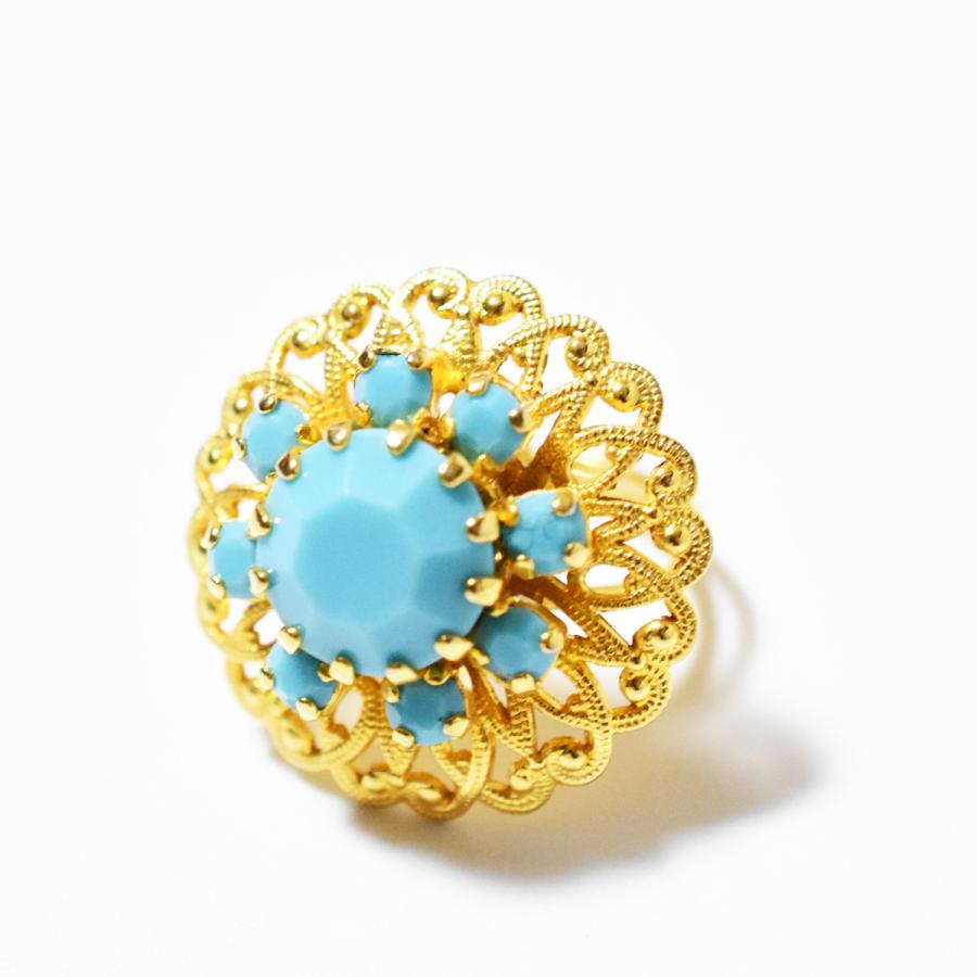 Vintage 1960’s　turquoise blue　glass goldmetal ring｜gallery-aura｜02