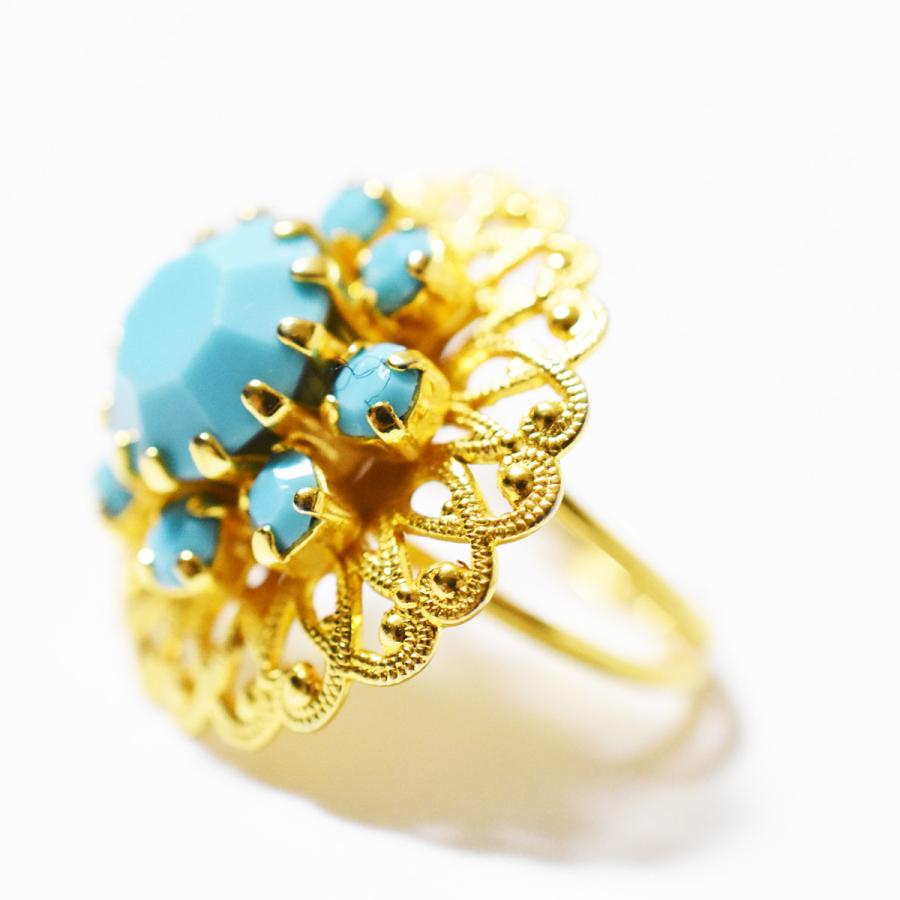 Vintage 1960’s　turquoise blue　glass goldmetal ring｜gallery-aura｜10