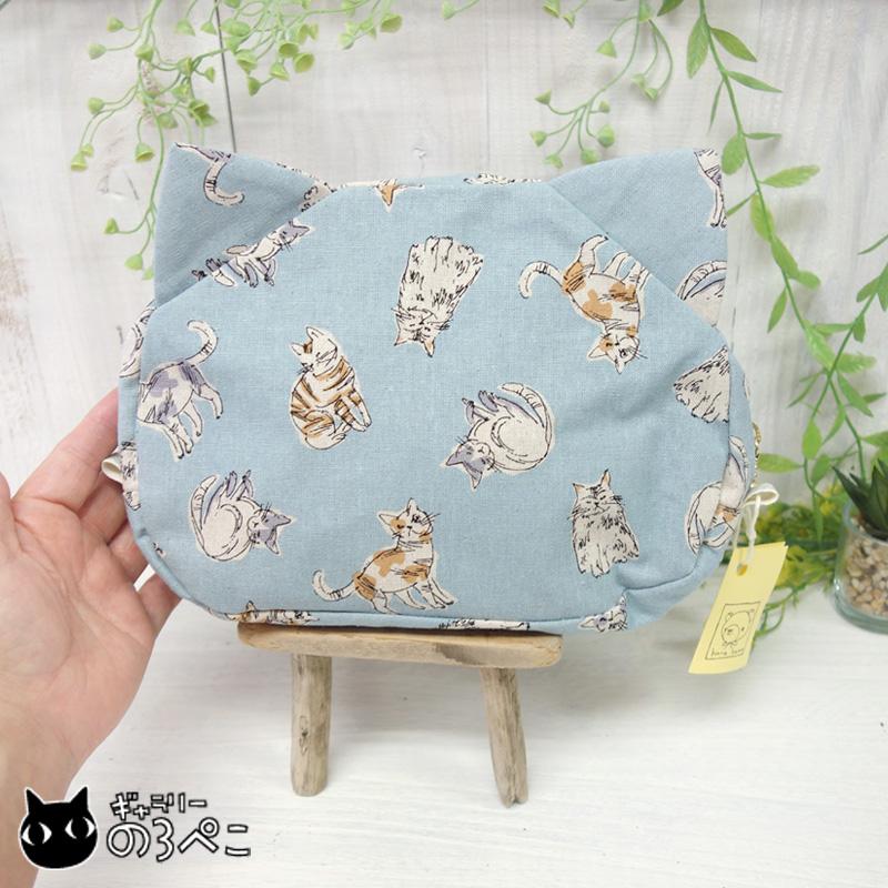 手描き風猫ちゃんの猫耳ポーチ(大きいサイズ)〜水色 aa362-334