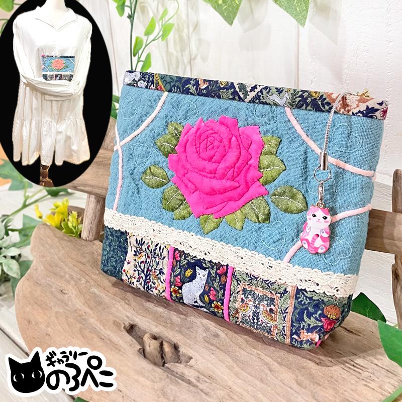 薔薇の花と猫のマチ付きキルトポーチ(ピンクのバラのアップリケと