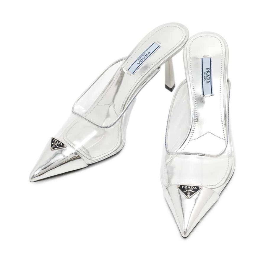 ほぼ未使用 PRADA プラダ クリアサンダル ミュール スケルトン シルバー PRADA クリアミュール セール PRADA プラダ トライアングルロゴ クリア