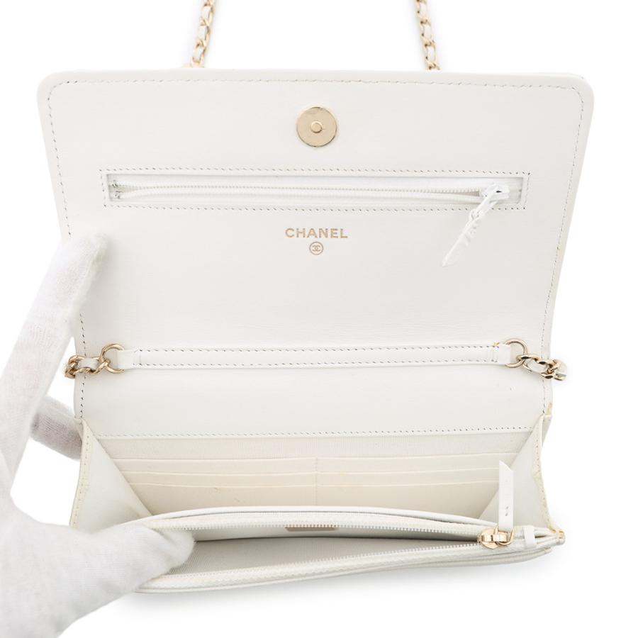 美品 シャネル CHANEL 財布 カメリア ホワイト ココマーク シャネル チェーンウォレット カメリア エンボス ココマーク キャビア