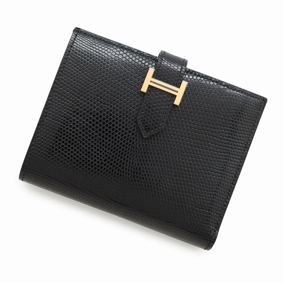 【極美品】エルメス ベアンコンパクト 二つ折り財布 リザード 黒 ゴールド金具 ☆エルメス 二つ折り財布 ベアンコンパクト ブラック/ゴールド金具