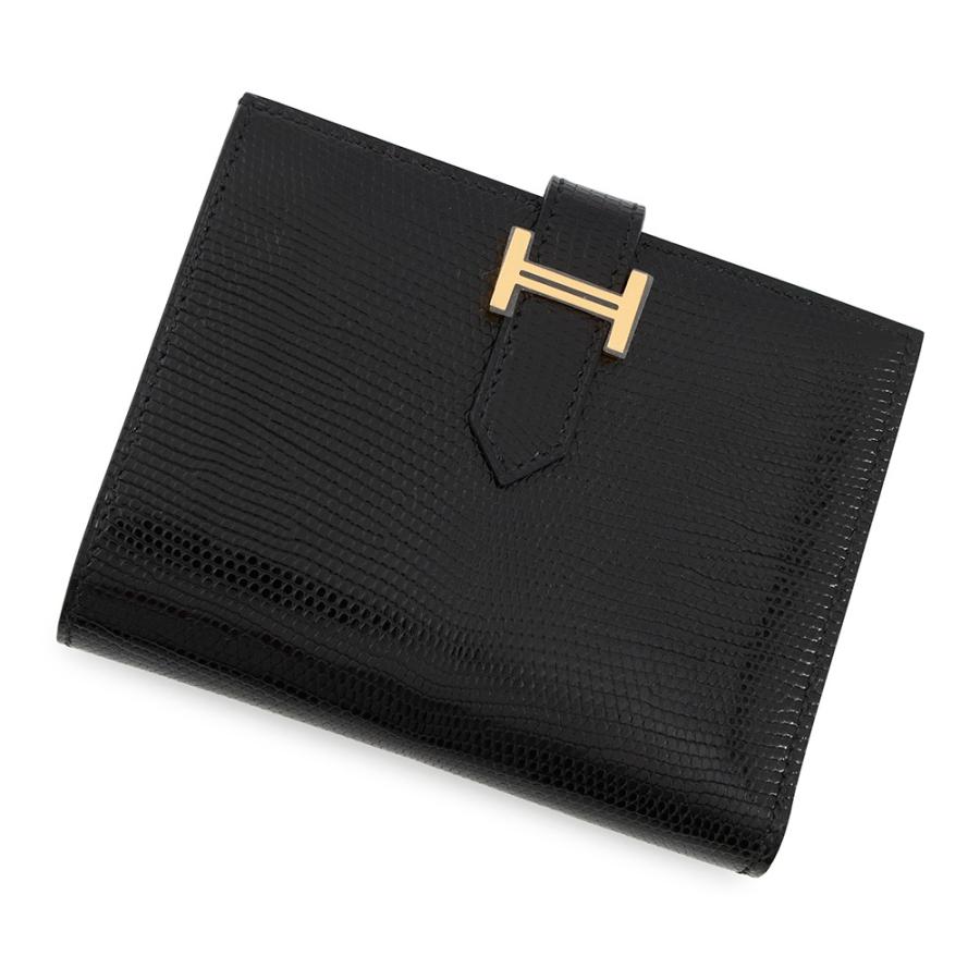 【極美品】エルメス ベアンコンパクト 二つ折り財布 リザード 黒 ゴールド金具 ☆エルメス 二つ折り財布 ベアンコンパクト ブラック/ゴールド金具