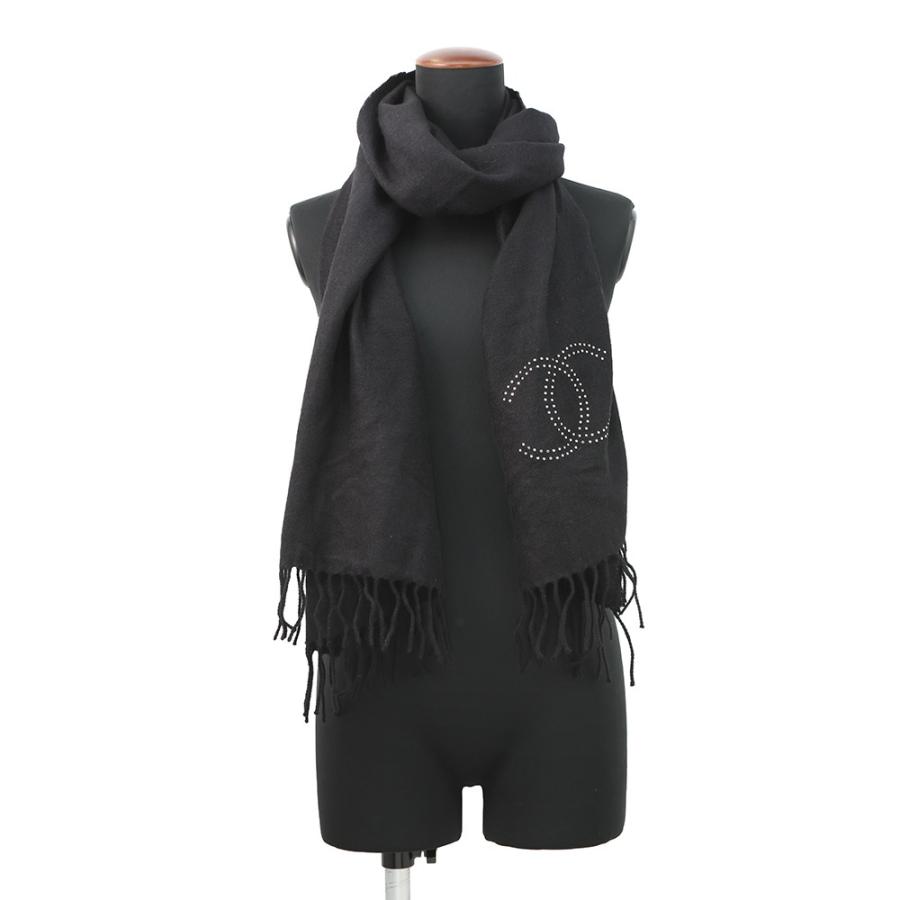 シャネル マフラー ココマーク フェイクパール カシミヤ CHANEL 黒
