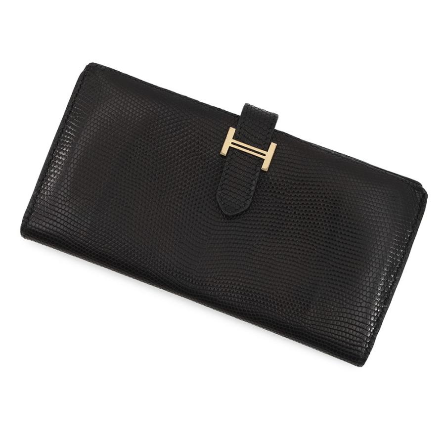 【美品】HERMES エルメス　べアンクラシック　カーキ　□E刻印　長財布 エルメス 長財布 ベアンクラシック ブラック/ゴールド金具 リザード