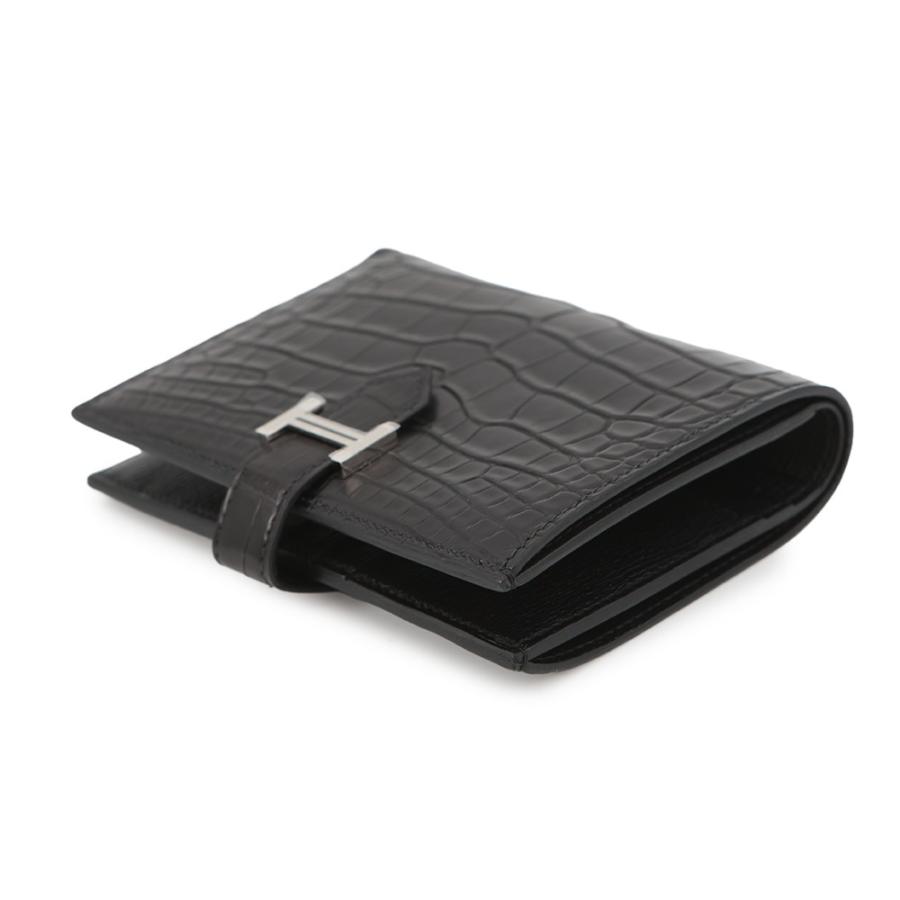 ベアンコンパクト 黒レザー 二つ折り財布 シルバーH型金具 エルメス 二つ折り財布 ベアンコンパクト ブラック/シルバー金具