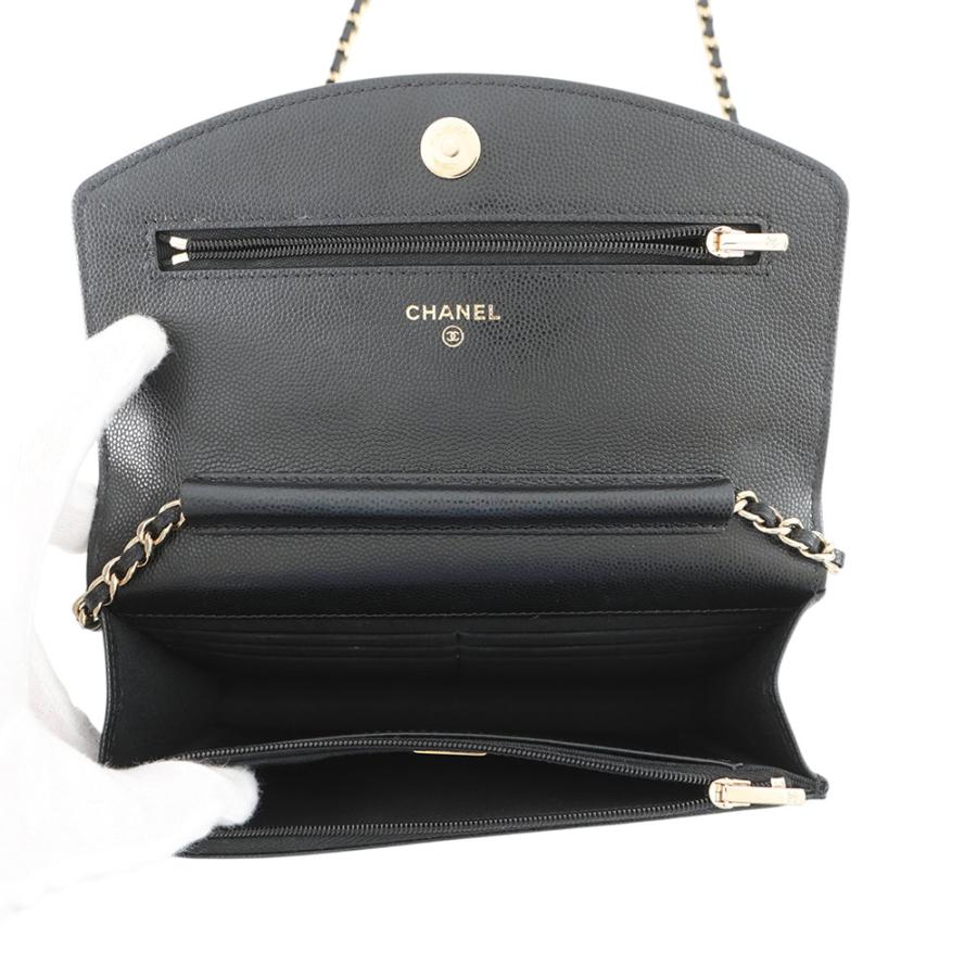 ココマーク がま口財布 CHANEL ブラック シャネル チェーンウォレット ココマーク キャビアスキン AP4653