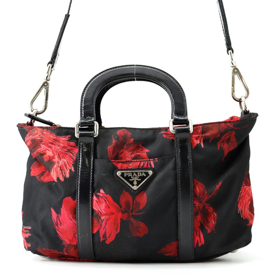 【美品】プラダ ハンドバッグ 2way ショルダー レザー×ナイロン 黒 花柄 プラダ ハンドバッグ フラワーモチーフ ナイロン PRADA 2way