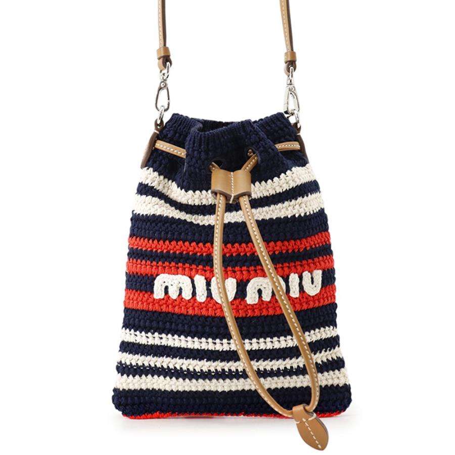 MIU MIU ミュウミュウ ボーダー 巾着バッグ ミュウミュウ ショルダーバッグ クロシェ ボーダー 巾着 コットン