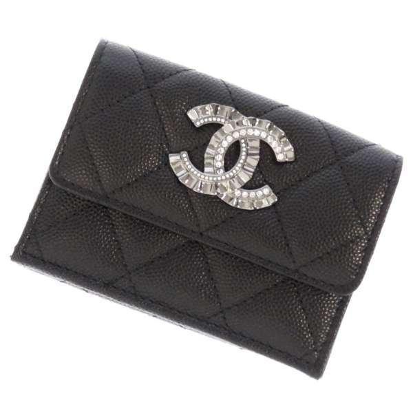 CHANEL（シャネル） 三つ折り財布 ココマーク ラインストーン キャビア