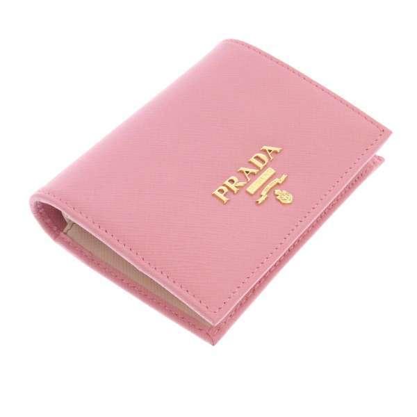 未使用級◆PRADA 二つ折り財布 サフィアーノ バイカラー ブラック ピンク PRADA◇ピンク 二つ折り財布 サフィアーノレザー ミニウォレット 黒 黄色