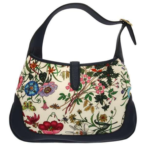 GUCCI  ニュージャッキー　フローラ　ショルダーバッグ New GUCCI Jackie Flora Canvas Leather Shoulder Bag Hand Bag Navy