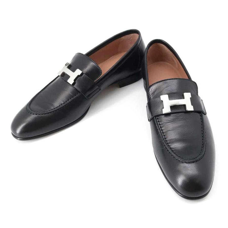 HERMES モカシン 黒 レザー　37 エルメス モカシン パリ ブラック/シルバー金具 レザー レディース