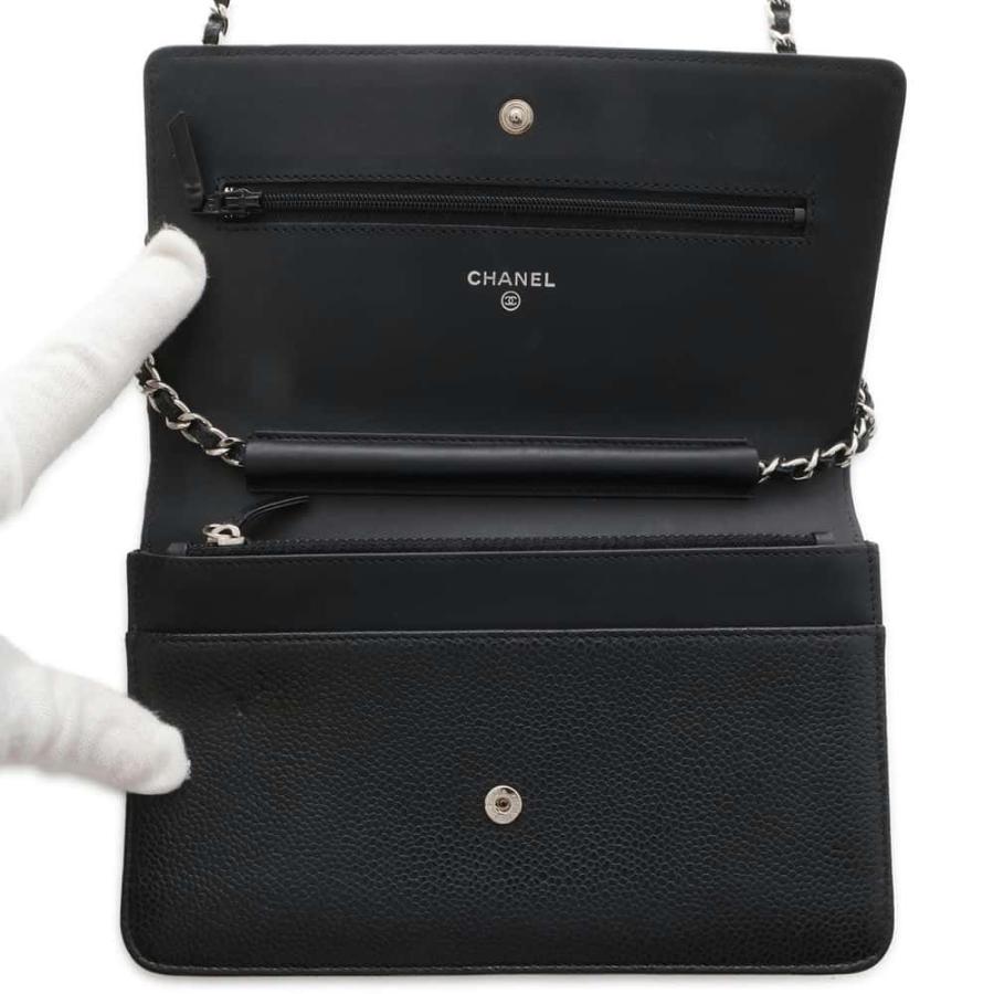 【外観美品】CHANELシャネル キャビアスキン長財布 ココマーク黒 チェーン付 シャネル チェーンウォレット ココマーク キャビアスキン A48654