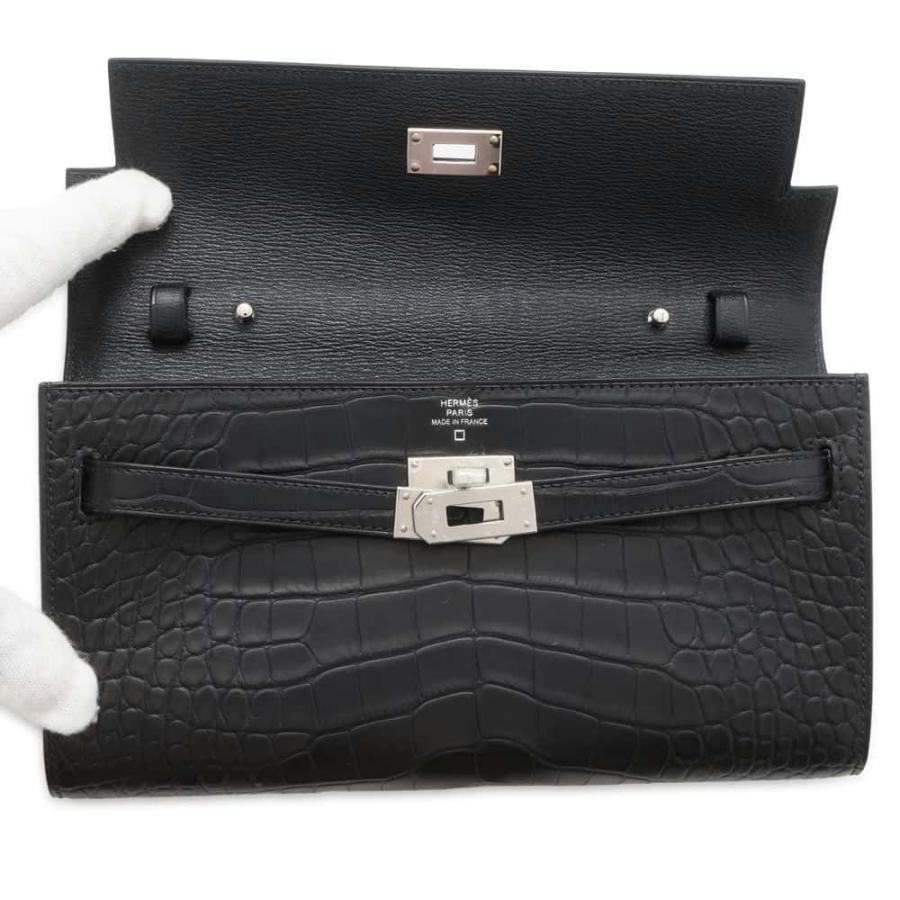 エルメス ケリーウォレット ロング トゥーゴー ブラック/ゴールド金具 アリゲーターシャイン B刻印 黒 HERMES - エルメス ケリーウォレット ロング トゥーゴー ブラック