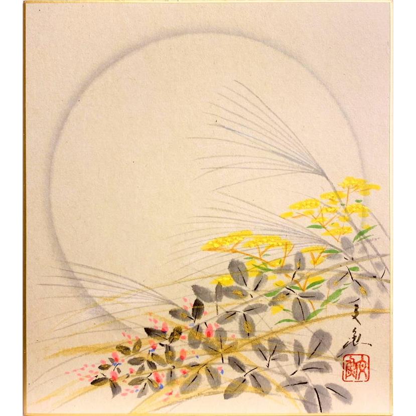 真作】絵画 日本画10号 秋の情景を描く月夜と桔梗の雅 静寂な