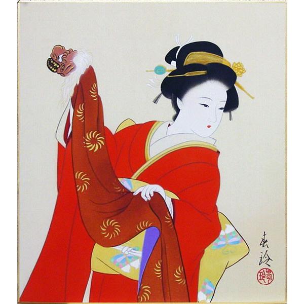 小西春玲 「 鏡獅子 」 色紙絵 絵画 日本画 美人画 和服 和風