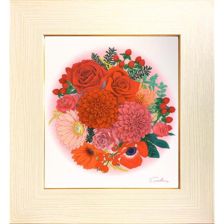 円形の水墨画 赤い花 白木彩加 開運 風水花シリーズ『赤い花』(情熱・発展向上) 色紙絵(額縁