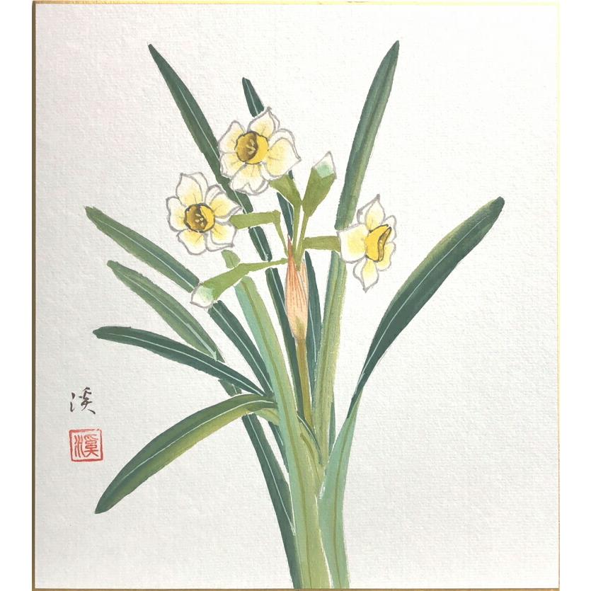 奥田 渓 『水仙』(2) 色紙絵 絵画 日本画 肉筆 冬の花 ネコポス 奥田 渓 『水仙』(2) 色紙絵 絵画 日本画 肉筆 冬の花 ネコポス