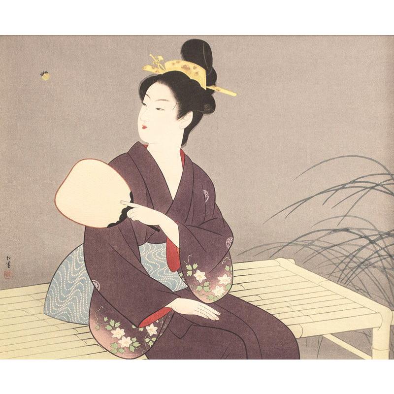 上村松園 「 螢 」 木 版画           版画 絵画 蛍 ほたる 夏 うちわ 日本画 美人画 巨匠 日本髪 和服 女性 美人画  送料無料｜gallery-uchida｜02