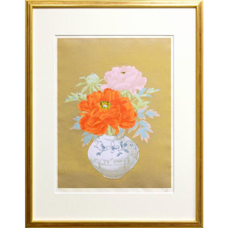 堀 文子 「 春 ー 緋牡丹 」 リトグラフ 版画 版画 日本画 絵画 花
