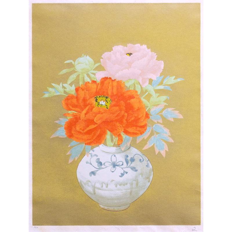 堀 文子 「 春 ー 緋牡丹 」 リトグラフ 版画 版画 日本画 絵画 花