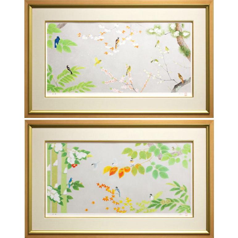 上村淳之 「 四季花鳥図 」 リトグラフ 春夏・秋冬 2枚セット : 内田