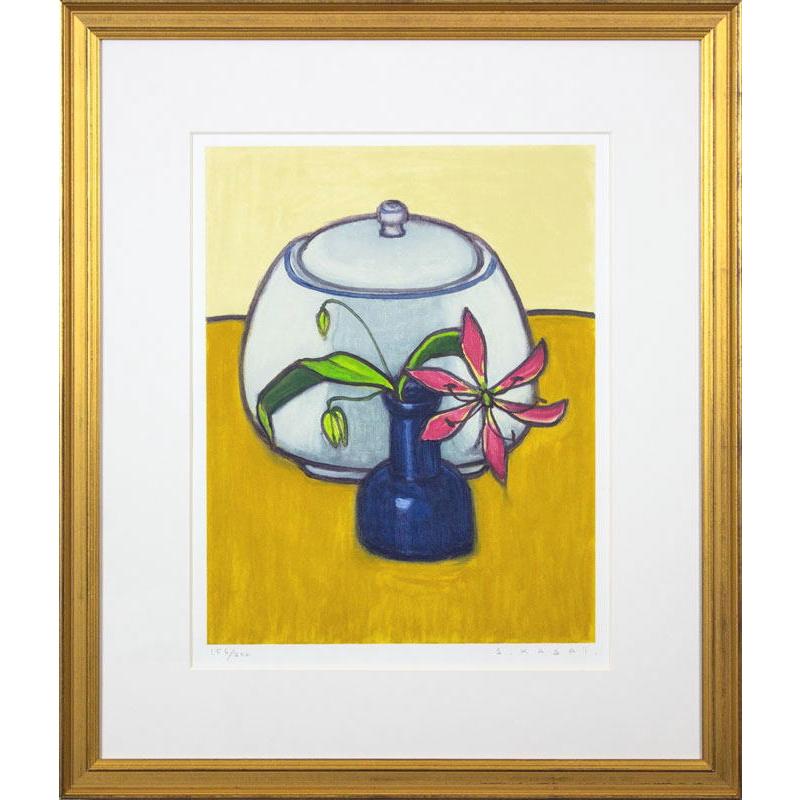 笠井誠一 「 白いつぼとグロリオサ 」 リトグラフ 版画 絵画 花 縦