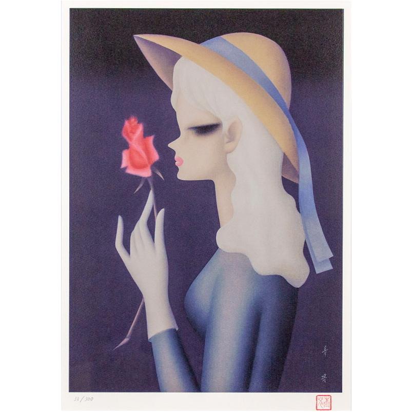 東郷青児 「 バラ一輪 」 リトグラフ 版画 洋画 人物 花 帽子 東郷青児 「 バラ一輪 」 リトグラフ 版画 洋画 人物 花 帽子