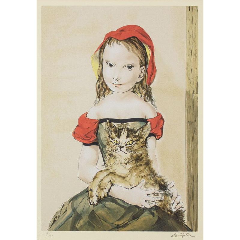藤田嗣治 「 猫を抱く少女 」 シルクスクリーン 版画 絵画 洋画