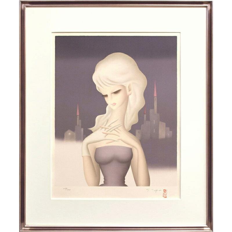 東郷青児 「 赤屋根のシャトー 」 リトグラフ 版画 絵画 洋画 人物