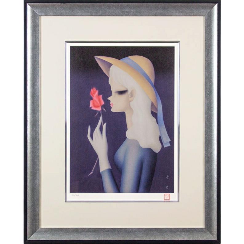 東郷青児 「 バラ一輪 」 リトグラフ 版画 版画 洋画 人物 花 美人画