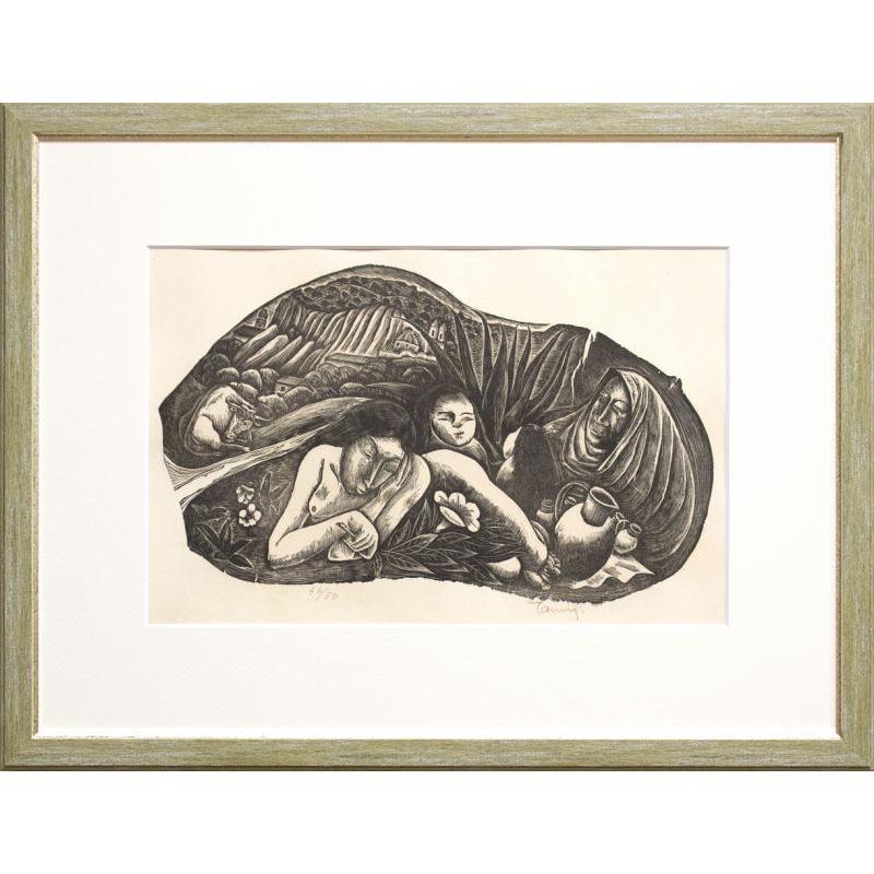 北川民次 「 タスコの裸婦 」 木版画 版画 絵画 人物 女性 バッタ 昆虫