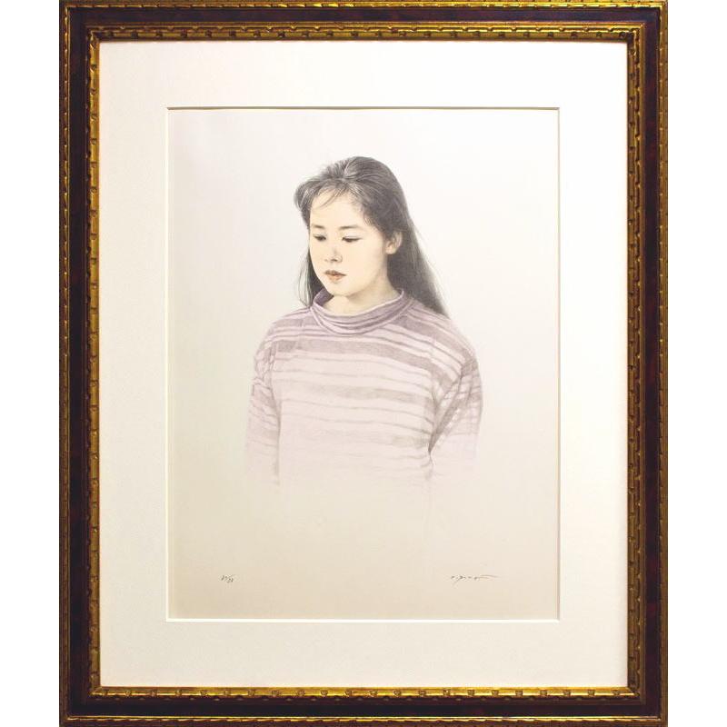 【真作】版画　リトグラフ　軽やかな筆致が魅力の花のリトグラフ　A91 藤井 勉 「 少女 」 リトグラフ ( 石版画 ) + 手彩色 版画 絵画 女性
