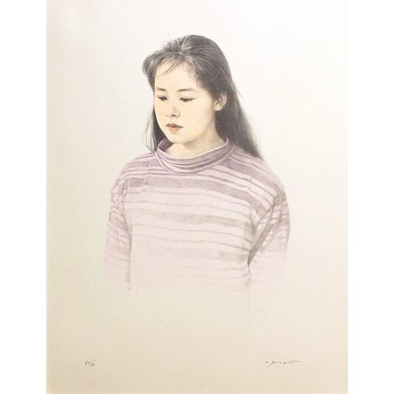 藤井 勉 「 少女 」 リトグラフ ( 石版画 ) + 手彩色 版画 絵画 女性